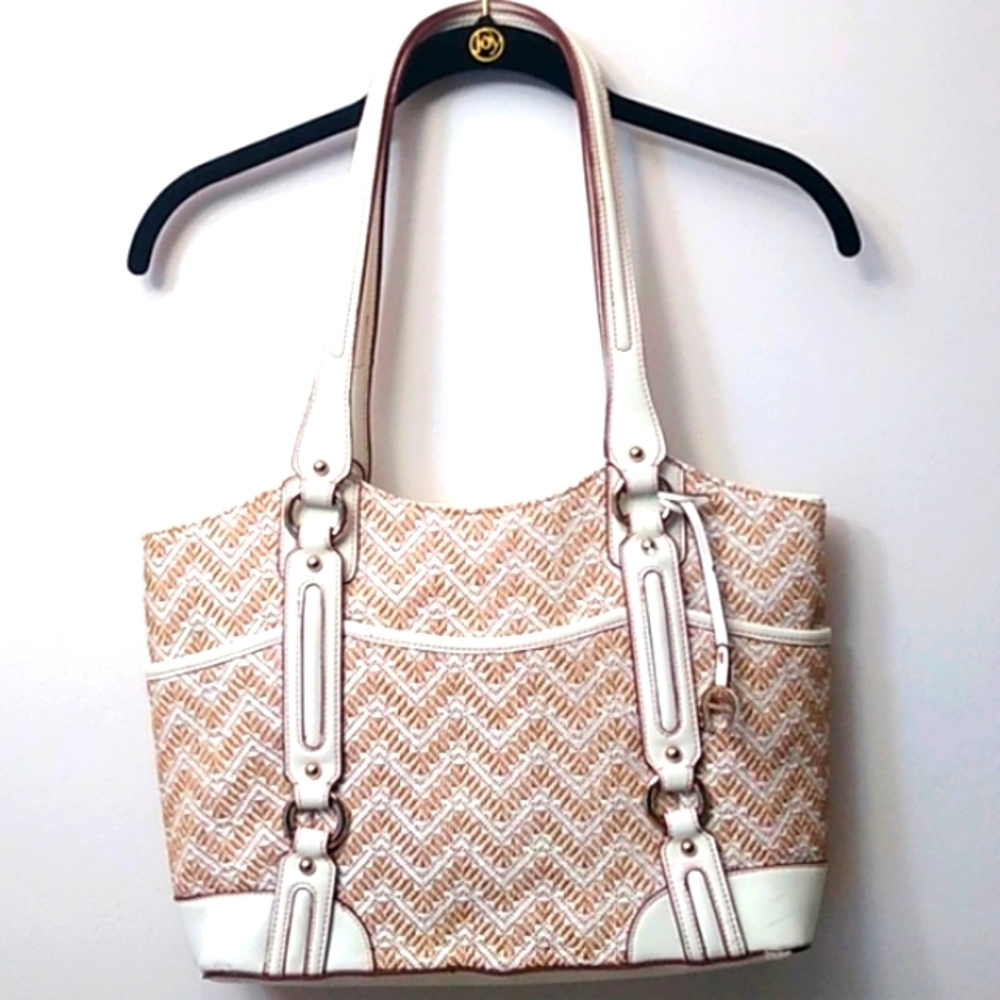 Etienne Aigner Double Handle Jute Handbag Satchel, White & Beige